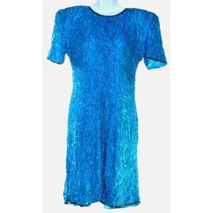 Vintage 80s Laurence Kazar Teal Beaded Sequin‎ Silk Mini Cocktail Dress M